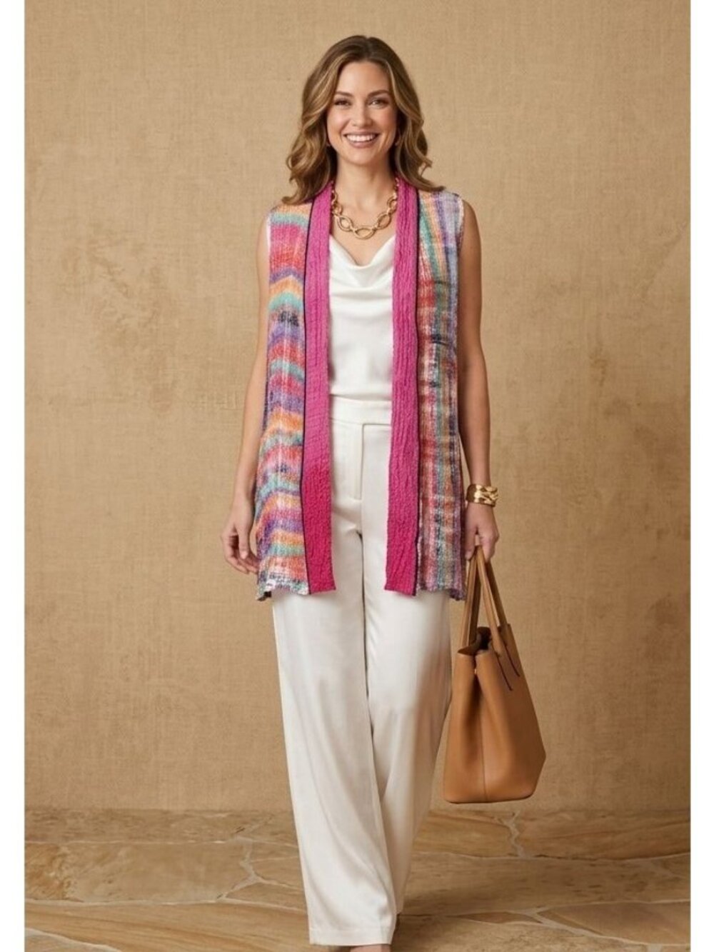 Shekina Hand-Painted & Sewn Silk Vest M Art‎ To Wear Boho Open Front Crinkle